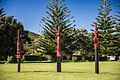 Pouwhenua (Maori totem poles telling a story), Waitangi Treaty Grounds, Bay of Islands, Northland Region, North Island, New Zealand