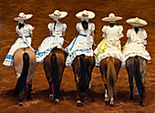 Reiterinnen bei der Charreada-Show von Lienzo Charro, Guadalajara, Mexiko.