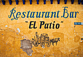 Sign on wall for El Patio restaurant and bar; Lake Chapala, Jalisco, Mexico.