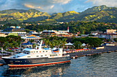 Hanse explorer docked in Papeete harbour. Tahiti, French Polynesia, Papeete's harbour, Tahiti Nui, Society Islands, French Polynesia, South Pacific.