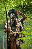 Performer portraying the Maya god "Ek chuah" or God of Cacao (chocolate) during the show "Los Rostros de Ek chuah" at Xcaret eco-archeological park, Riviera Maya, Mexico.