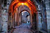 Eingang der befestigten Stadt Carcassonne, einer mittelalterlichen Stadt, die von der UNESCO zum Weltkulturerbe erklärt wurde, Harboure d'Aude, Languedoc-Roussillon Midi Pyrenees Aude Frankreich