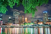 Bäume am Südufer und die Spiegelung der Skyline von Brisbane im Brisbane River bei Nacht, Queensland, Australien. Dieses Foto von Brisbane River und der Spiegelung der Skyline des Stadtzentrums von Brisbane bei Nacht wurde von South Bank aus aufgenommen.