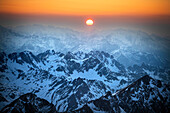 Sunset Mountain views in front of The Observatory Of Pic Du Midi De Bigorre, Hautes Pyrenees, Midi Pyrenees, France. The Col du Tourmalet is the highest paved mountain pass in the French Pyrenees second only to the Col de Portet. So in contrast to frequent claims.