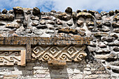 Detail of the ruins of Building 9, rear view, on Courtyard F in the Zapotec city of Mitla in Oaxaca, Mexico. A UNESCO World Heritage Site.