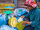 Kambodschanerin verkauft Jackfruit auf einem Markt in Siem Reap Kambodscha