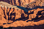 The colorful eroded formations of the Mummy Cliff by Panorama Point in Capitol Reef National Park in Utah.