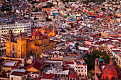 Downtown historic district or Zona Centro of Guanajuato, Mexico, from the El Pipila Monument overlook at sunset.