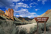 ?Drive Slowly and Enjoy? sign on dirt road in Leslie Gulch, southeast Oregon.