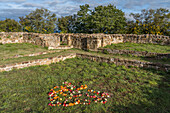 Blumen auf dem Boden über den Gräbern 103, 110, 112 und einem weiteren nicht nummerierten Grab. Eine UNESCO-Welterbestätte.