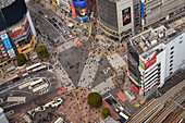 Aerial view of Shibuya crossing, Tokyo, Honshu, Japan, Asia