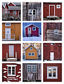 Auswahl an norwegischen Rorbuer-Hütten und Details, Lofoten, Troms og Finnmark, Norwegen, Skandinavien, Europa