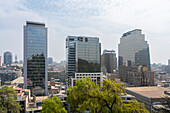 High-rise buildings of Santiago city center seen from top of Santa Lucia Hill, Santiago Metropolitan Region, Chile, South America