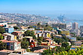 Colorful houses of Valparaiso with harbor in background, Valparaiso, Valparaiso Province, Valparaiso Region, Chile, South America