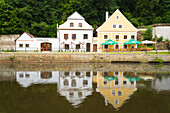 Exterior of houses in front of Vltava river at Cesky Krumlov, Czech Republic (Czechia), Europe