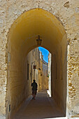Person Walking Through Arched Passage