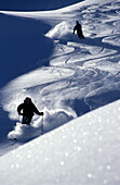 Silhouetten von zwei Skifahrern am Hang