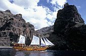 Spanish Tallship Sailing Past Rocky Coast