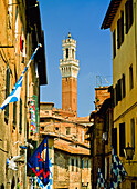 Flags Outside Houses In Street Near Torre De Mangia