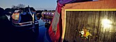 Multi Colored Barges Moored At Canal, Dusk