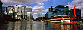 Floating Chinese Restaurant With Canary Wharf In Background, London,England,Uk