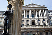 Soldier Statue Of World War One Memorial In Front Of Bank Of England Building, London,England