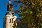 Glockenturm einer Kirche hinter einem Baum, kleine Insel am Bleder See, Slowenien
