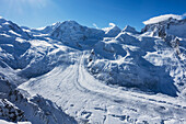 Panoramablick vom Gornergrat aus gesehen, mit ausfliessendem Gornergletscher; Schweiz