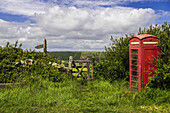 An old fashioned telephone box next to a path in the countryside; Dorset, England