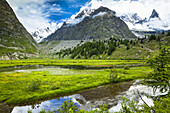 Lac de Combal and green meadow in Val Veni with mountains in the background, Alps; Aosta Valley, Italy