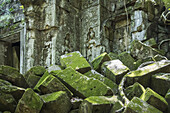 Moos auf umgestürztem Stein mit Basreliefs von Apsaras auf einer Tempeltür in den Ruinen des Khmer-Tempels von Beng Meala; Siem Reap, Kambodscha