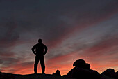 Silhouette eines Mannes, der den Sonnenuntergang im Joshua Tree National Park beobachtet; Kalifornien, Vereinigte Staaten von Amerika