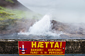 Warning sign in front of Europe's largest hot water spring; Kleppjarnsreykir, Iceland