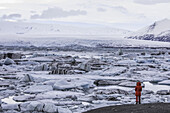 Stehende Person mit Blick auf das Eis und die Eisberge bei Jokulsarlon, Südküste; Island