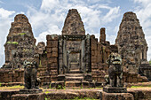 Mit Flechten bedeckte Steinlöwen bewachen den Tempel, East Mebon, Angkor Wat, Kambodscha