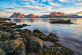 The mountains of the Strandir Coast near the town of Djupaik, with the sunset illuminating the awesome landscape; Djupavik, West Fjords, Iceland