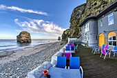 Colourful restaurant patio along the Atlantic coast; South Shields, Tyne and Wear, England