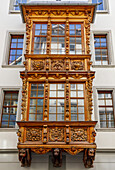 Ornate facade of window frames on a building exterior; St. Gallen, St. Gallen, Switzerland