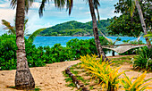 Hammock on the beach looking along the coastline of Malolo Island; Malolo Island, Fiji