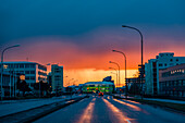 Reykjavik street at sunset; Iceland