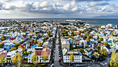 View of the town of Reykjavik from the tower in the Hallgrimskirkja Church; Reykjavik, Iceland