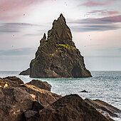 Felsformationen entlang der Küstenlinie der südlichen Region Islands; Myrdalshreppur, südliche Region, Island.