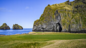Höhlen- und Felsformationen entlang der Küste von Südisland an einem hellen Tag; Vestmannaeyjar, Südregion, Island
