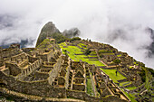The sacred city of Machu Picchu sunlit and enveloped in low clouds; Cusco, Peru