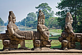 Stone Asuras lining Bridge near South Gate to Angkor Thom, Cambodia