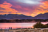 Beautiful views over the shoreline of New Zealand's Lake Tekapo at sunset; Canterbury, New Zealand