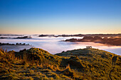 The Blue Duck lodge located in the Whanganui National Park is a working cattle farm with a focus on conservation. Travellers go to a scenic viewpoint to watch the sunrise over the rainforest; Retaruke, Manawatu-Wanganui, New Zealand