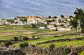 Überblick über Häuser und grasbewachsenes Ackerland, getrennt durch Steinmauern entlang der Küstengebirgskette am Atlantik; Terceira, Azoren