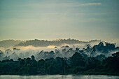 Morgennebel über den dschungelbedeckten Ufern des Ayeyarwady (Irrawaddy) in der Morgendämmerung; Ländlicher Dschungel, Kachin, Myanmar (Burma)