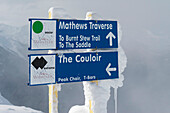 Schilder für verschiedene Schwierigkeitsgrade von Skihängen in einem Skigebiet; Whistler British Columbia Kanada